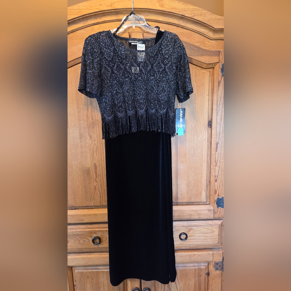 VINTAGE Women's 80's Sharade Nites Long Cocktail Dress Black Velvet Fringe NWT